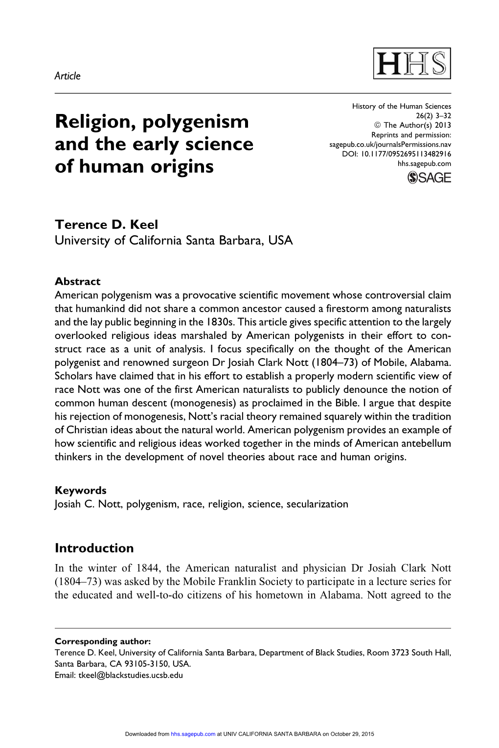 Religion, Polygenism and the Early Science of Human Origins