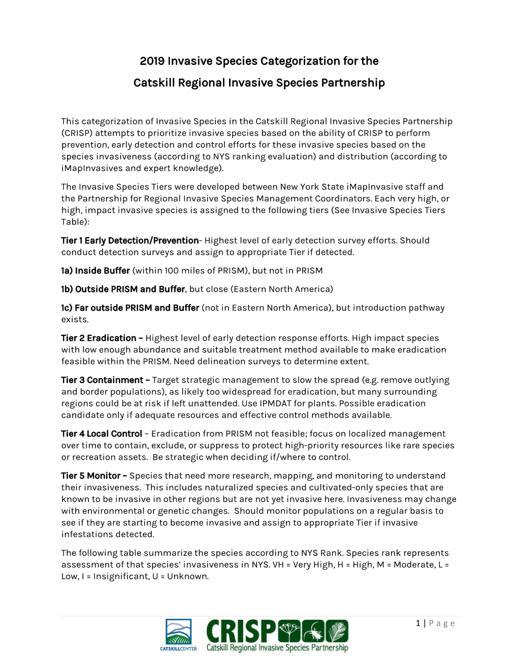 2019 Invasive Species Categorization for the Catskill Regional Invasive Species Partnership