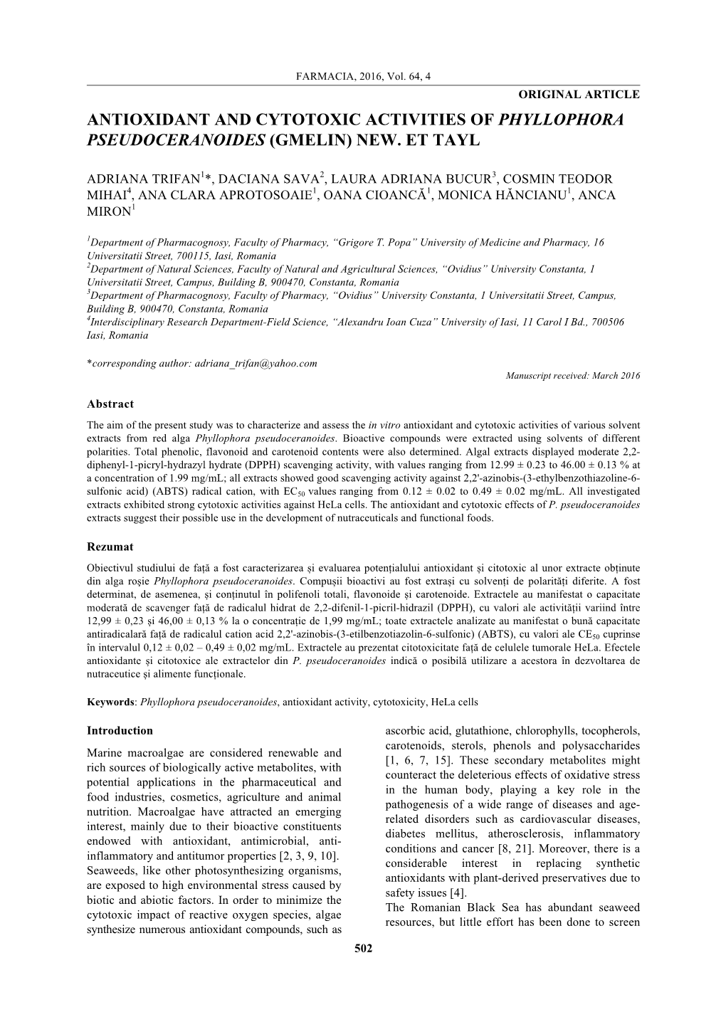 Antioxidant and Cytotoxic Activities of Phyllophora Pseudoceranoides (Gmelin) New