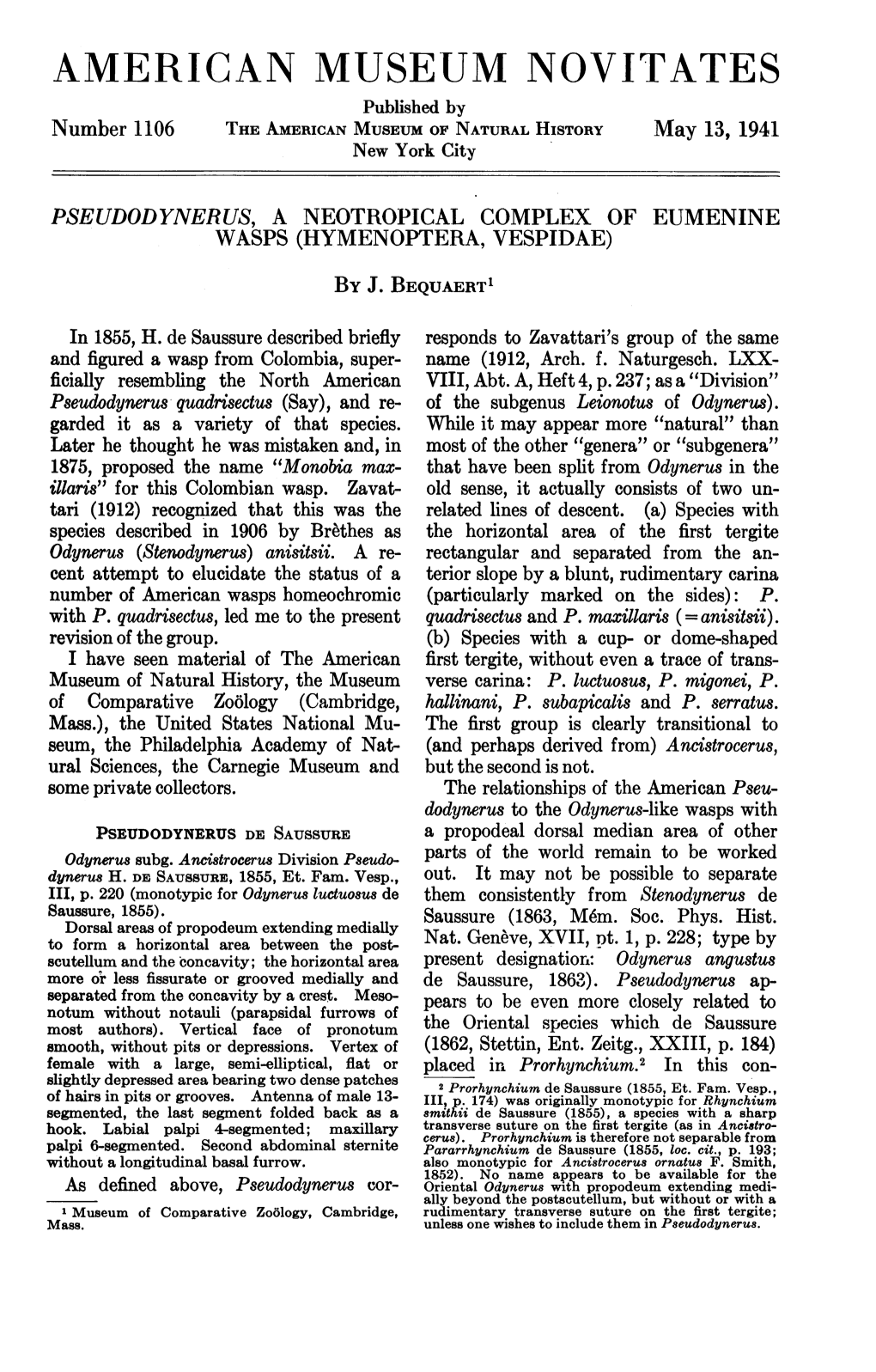 AMERICAN MUSE-UM NOVITATES Published by Number 1106 the AMERICAN MUSEUM of NATURAL HISTORY May 13, 1941 New York City