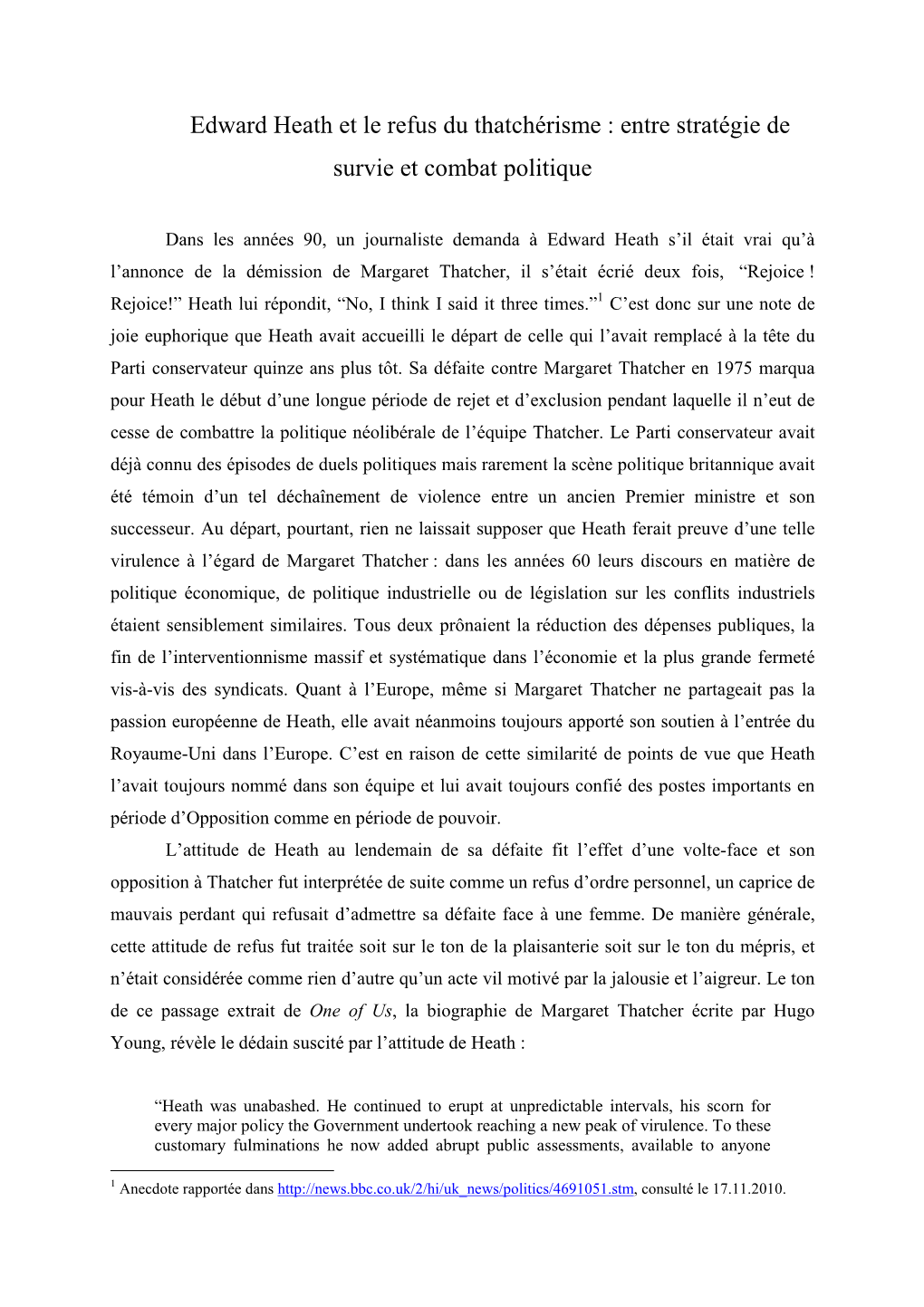 Edward Heath Et Le Refus Du Thatchérisme : Entre Stratégie De Survie Et Combat Politique