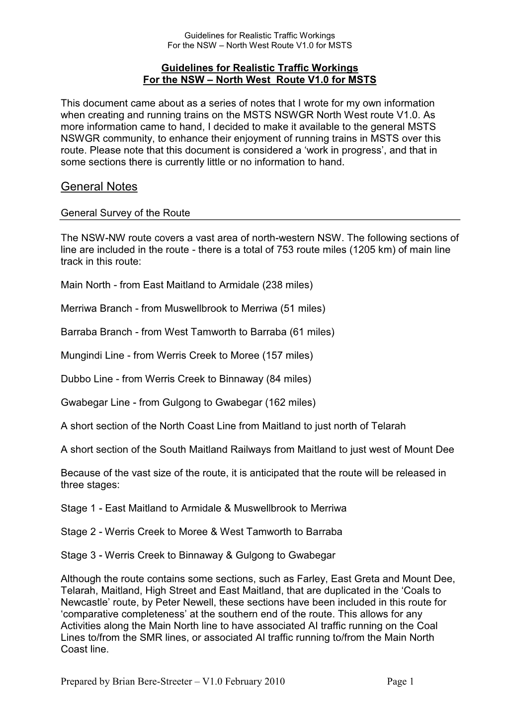 Guidelines for Realistic Traffic Workings for the NSW – North West Route V1.0 for MSTS