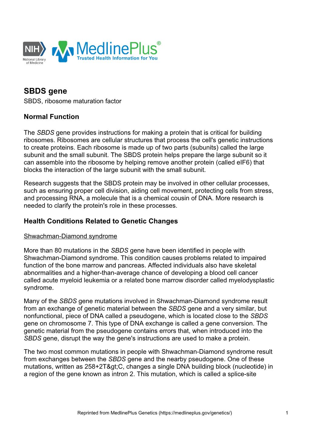 SBDS Gene SBDS, Ribosome Maturation Factor