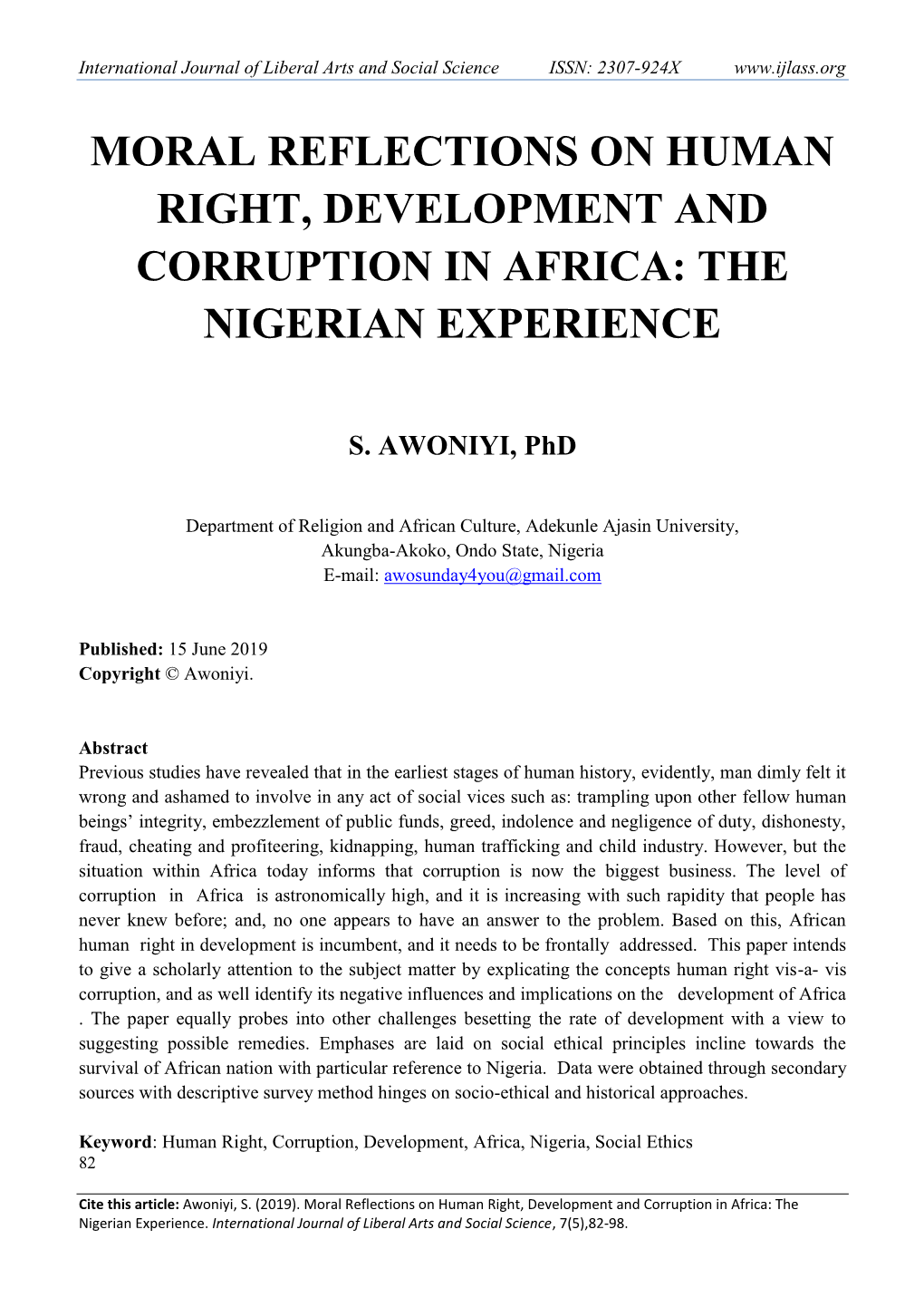 Moral Reflections on Human Right, Development and Corruption in Africa: the Nigerian Experience