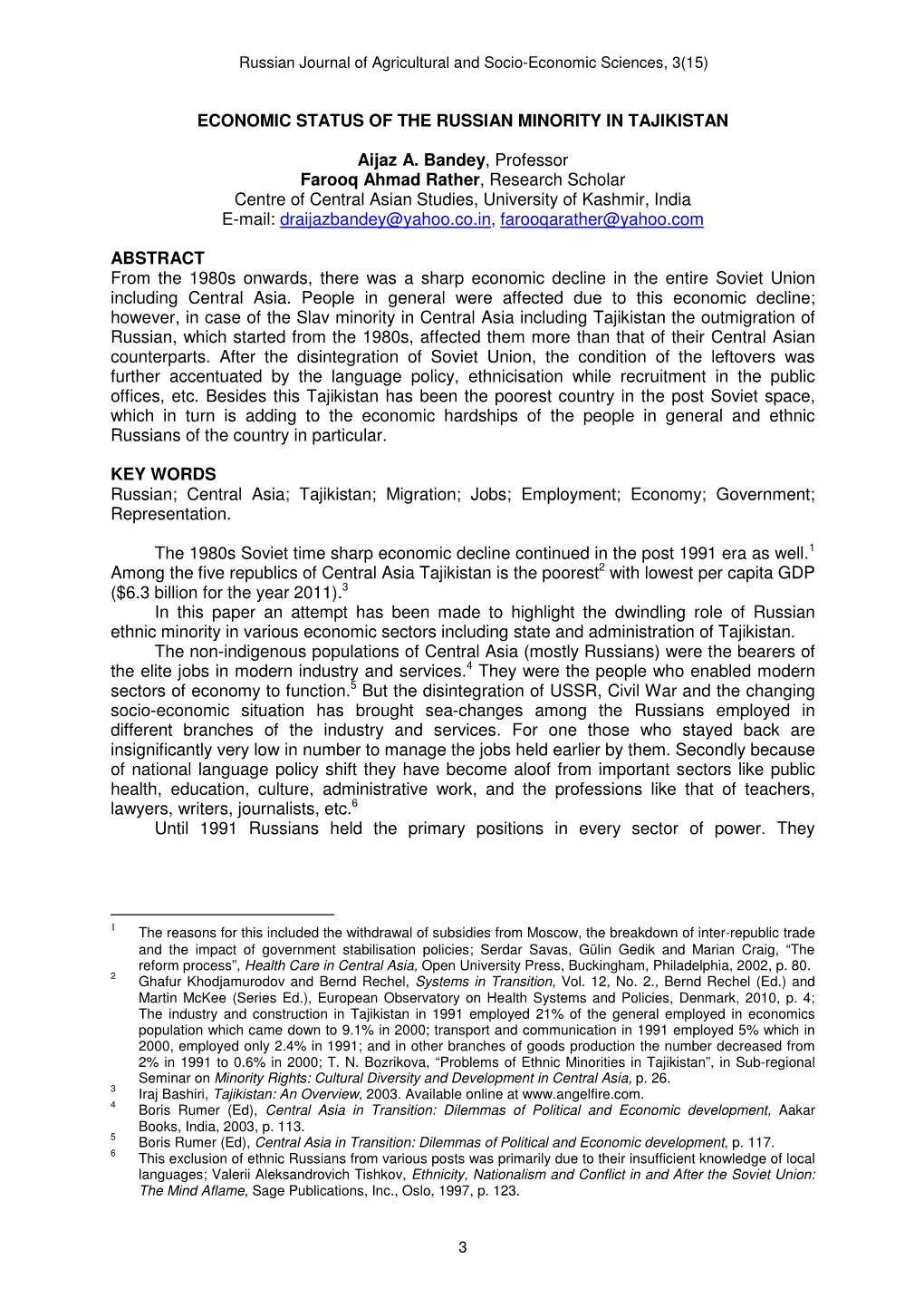 Economic Status of the Russian Minority in Tajikistan