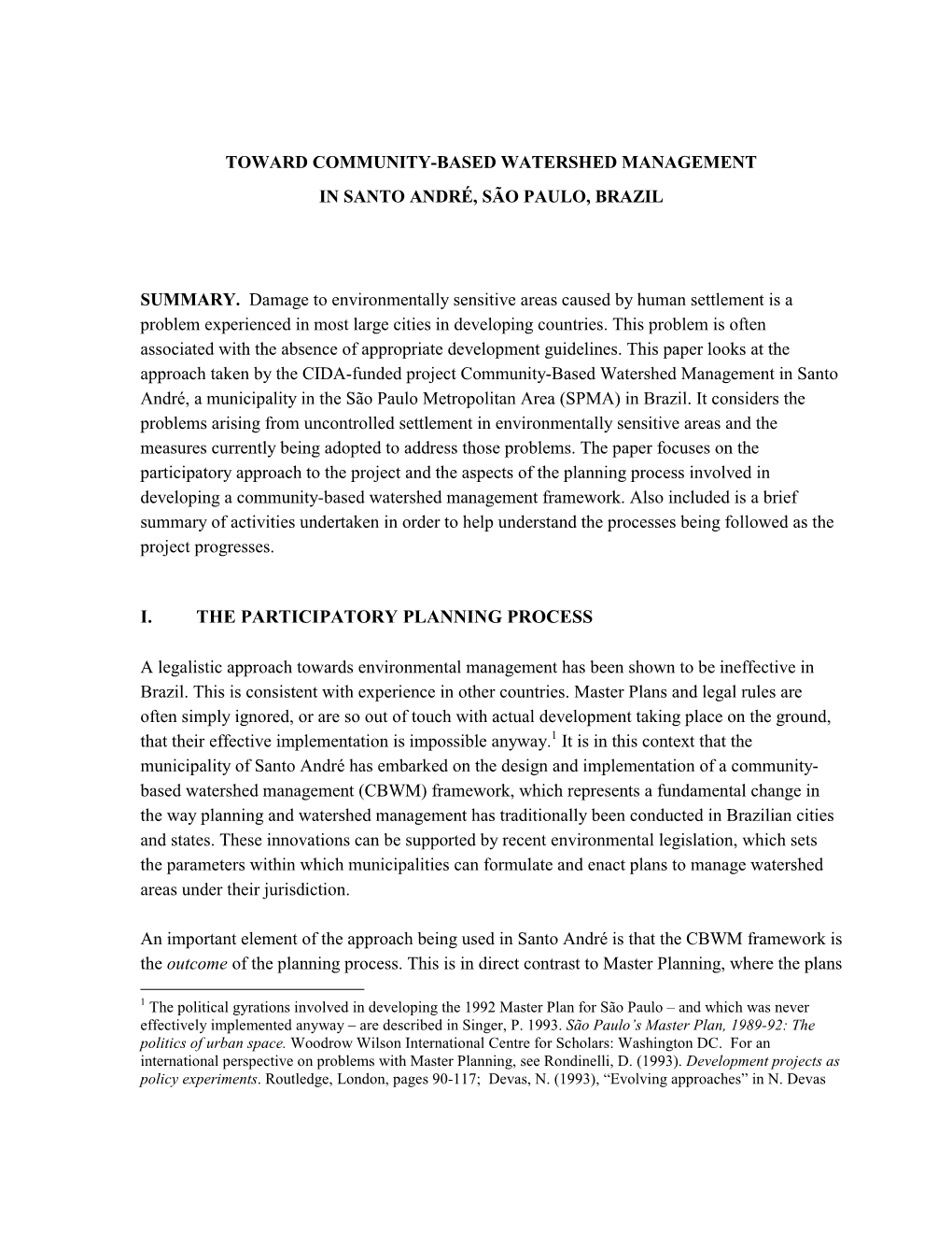 I. the Participatory Planning Process