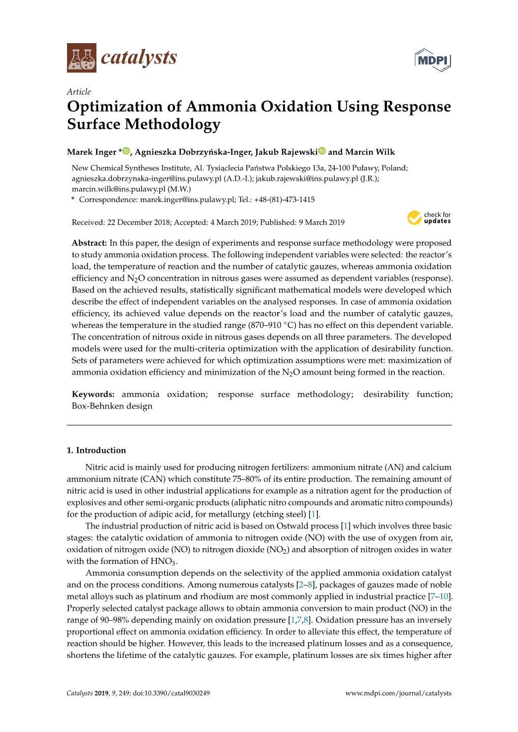 Optimization of Ammonia Oxidation Using Response Surface Methodology