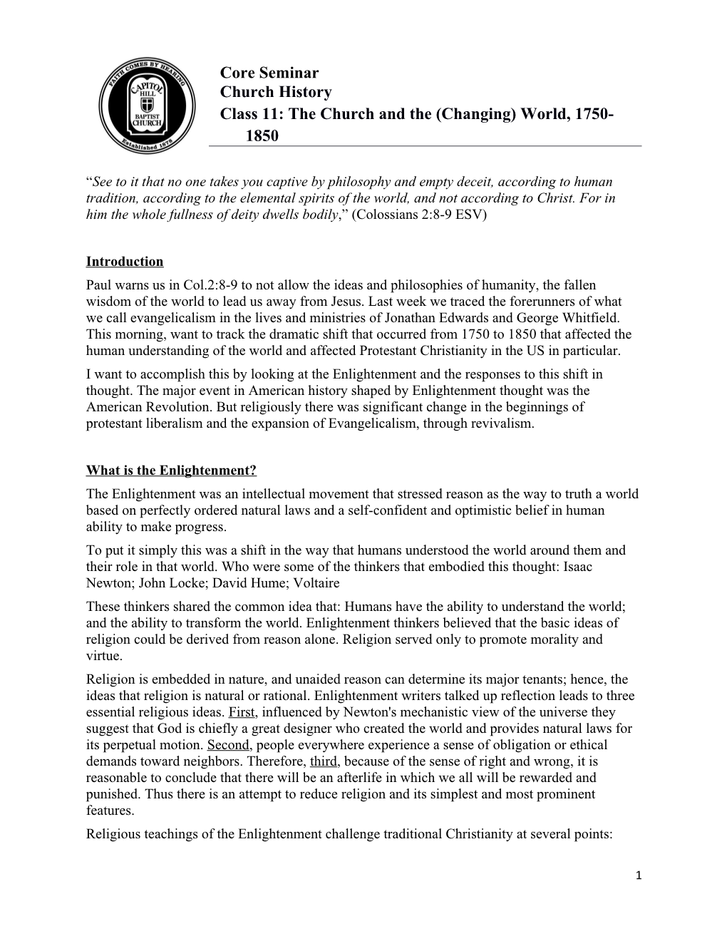 Class 11: the Church and the (Changing) World, 1750-1850