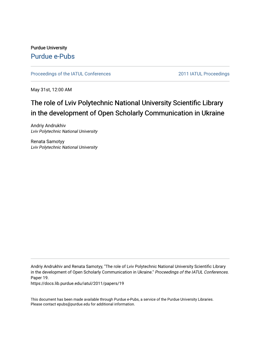 The Role of Lviv Polytechnic National University Scientific Library in the Development of Open Scholarly Communication in Ukraine