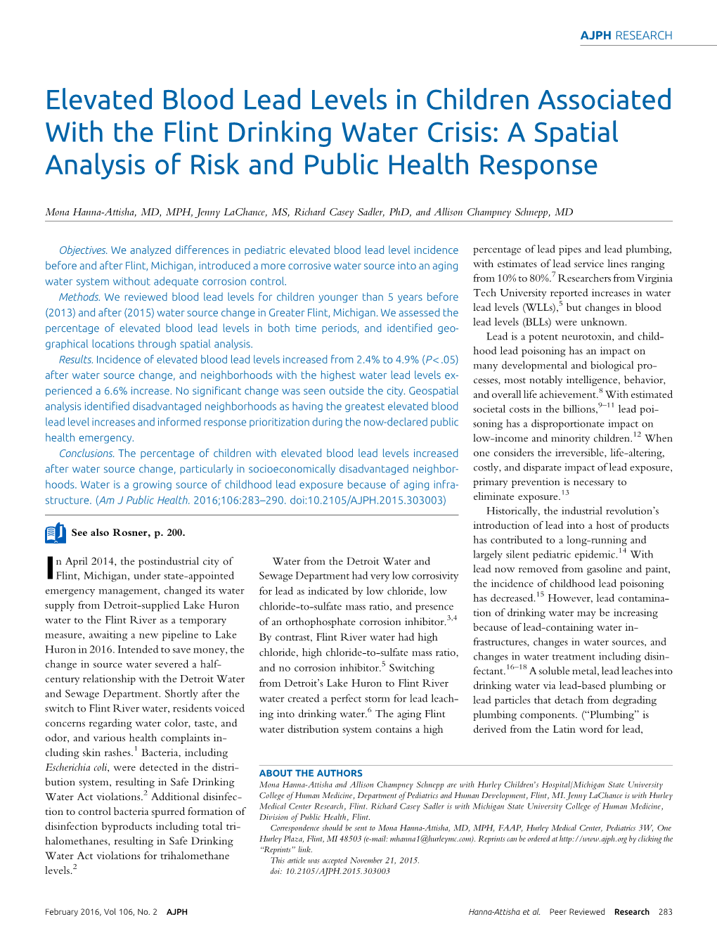Elevated Blood Lead Levels in Children Associated with the Flint Drinking Water Crisis: a Spatial Analysis of Risk and Public Health Response