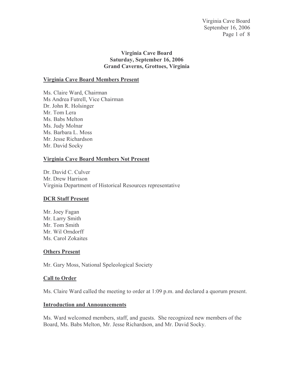 Virginia Cave Board September 16, 2006 Page 1 of 8 Virginia Cave
