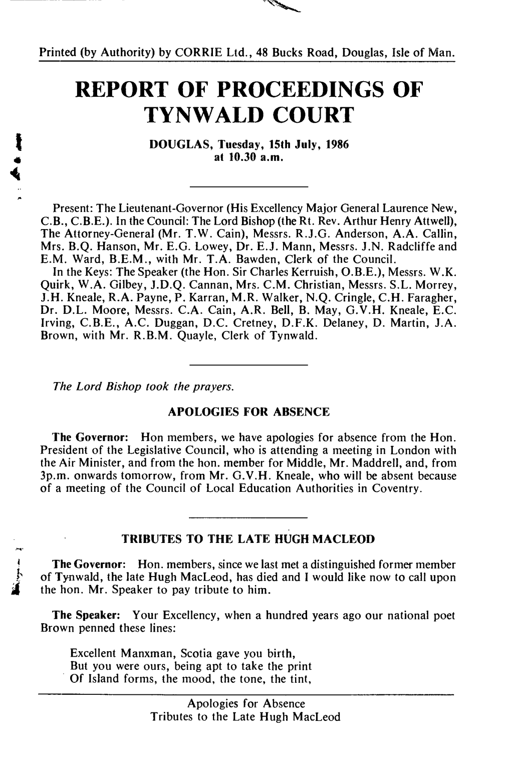 Report of Proceedings of Tynwald Court