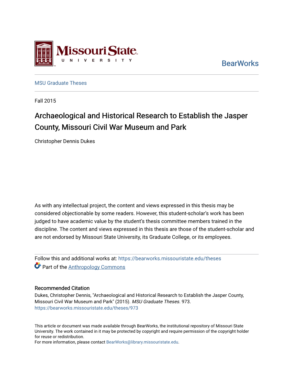 Archaeological and Historical Research to Establish the Jasper County, Missouri Civil War Museum and Park