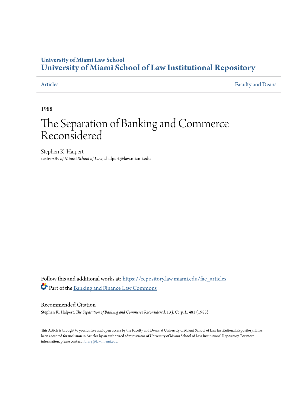 The Separation of Banking and Commerce Reconsidered, 13 J