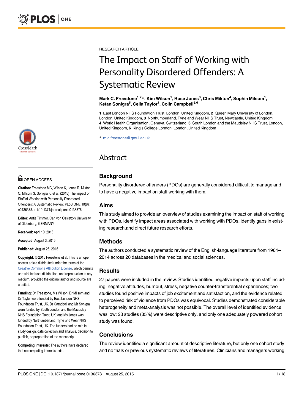 The Impact on Staff of Working with Personality Disordered Offenders: a Systematic Review