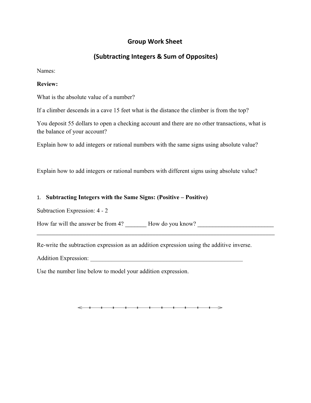 Subtracting Integers & Sum of Opposites