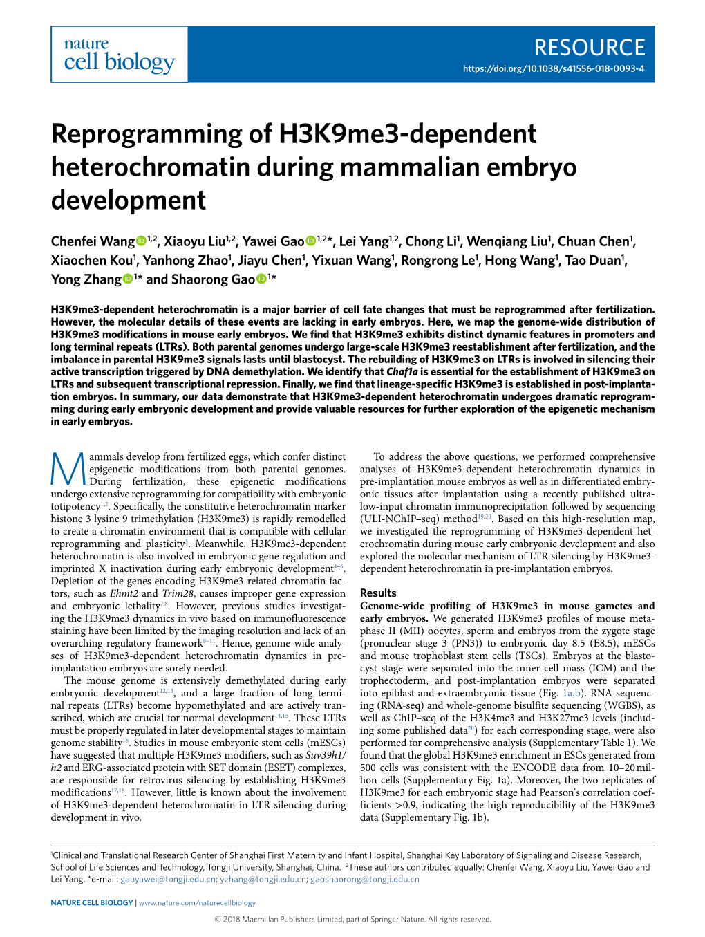 Reprogramming of H3k9me3-Dependent Heterochromatin During Mammalian Embryo Development
