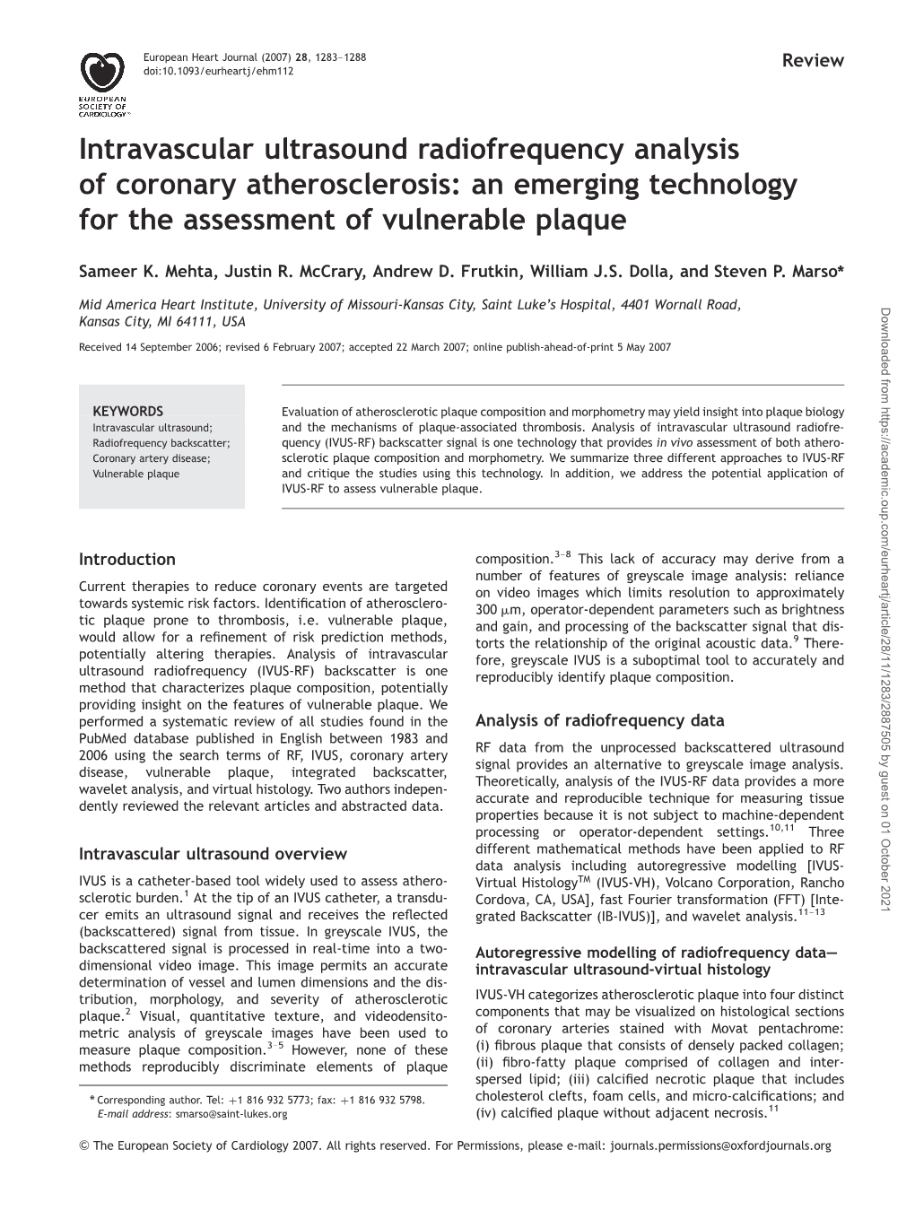 Intravascular Ultrasound Radiofrequency Analysis of Coronary Atherosclerosis: an Emerging Technology for the Assessment of Vulnerable Plaque