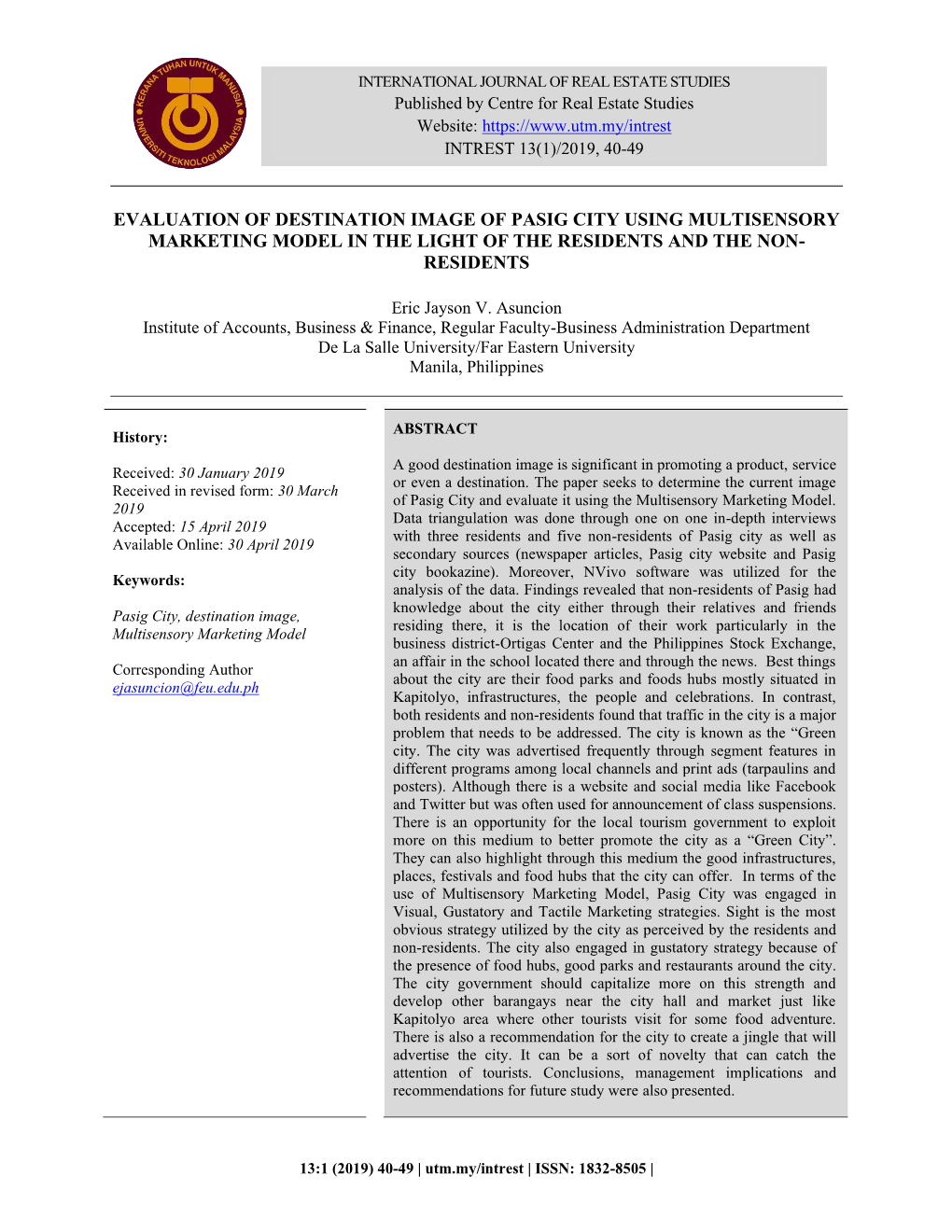 Evaluation of Destination Image of Pasig City Using Multisensory Marketing Model in the Light of the Residents and the Non- Residents