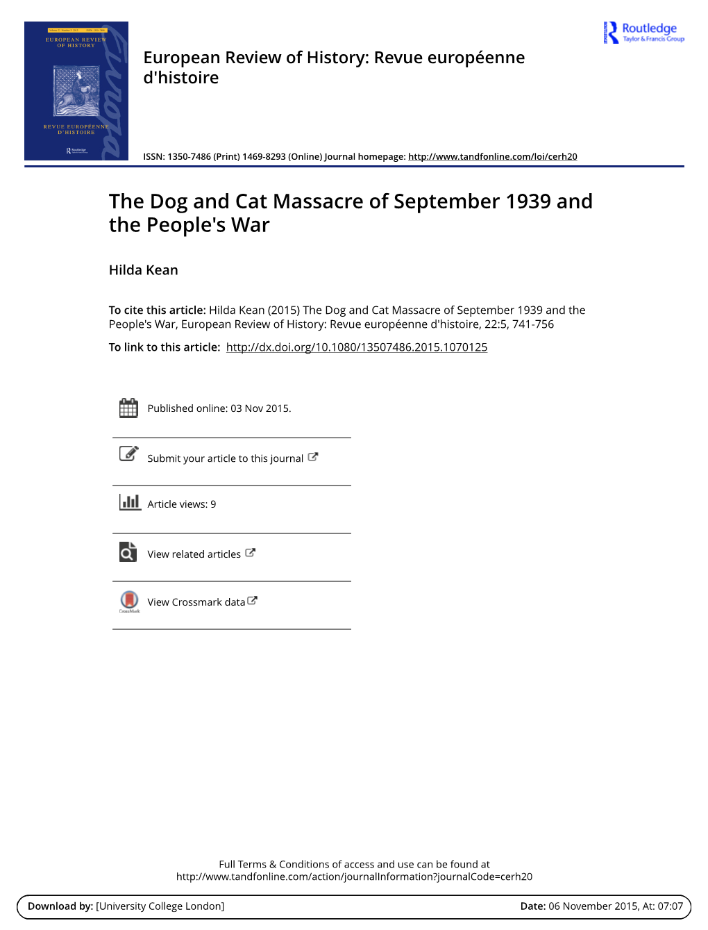 The Dog and Cat Massacre of September 1939 and the People's