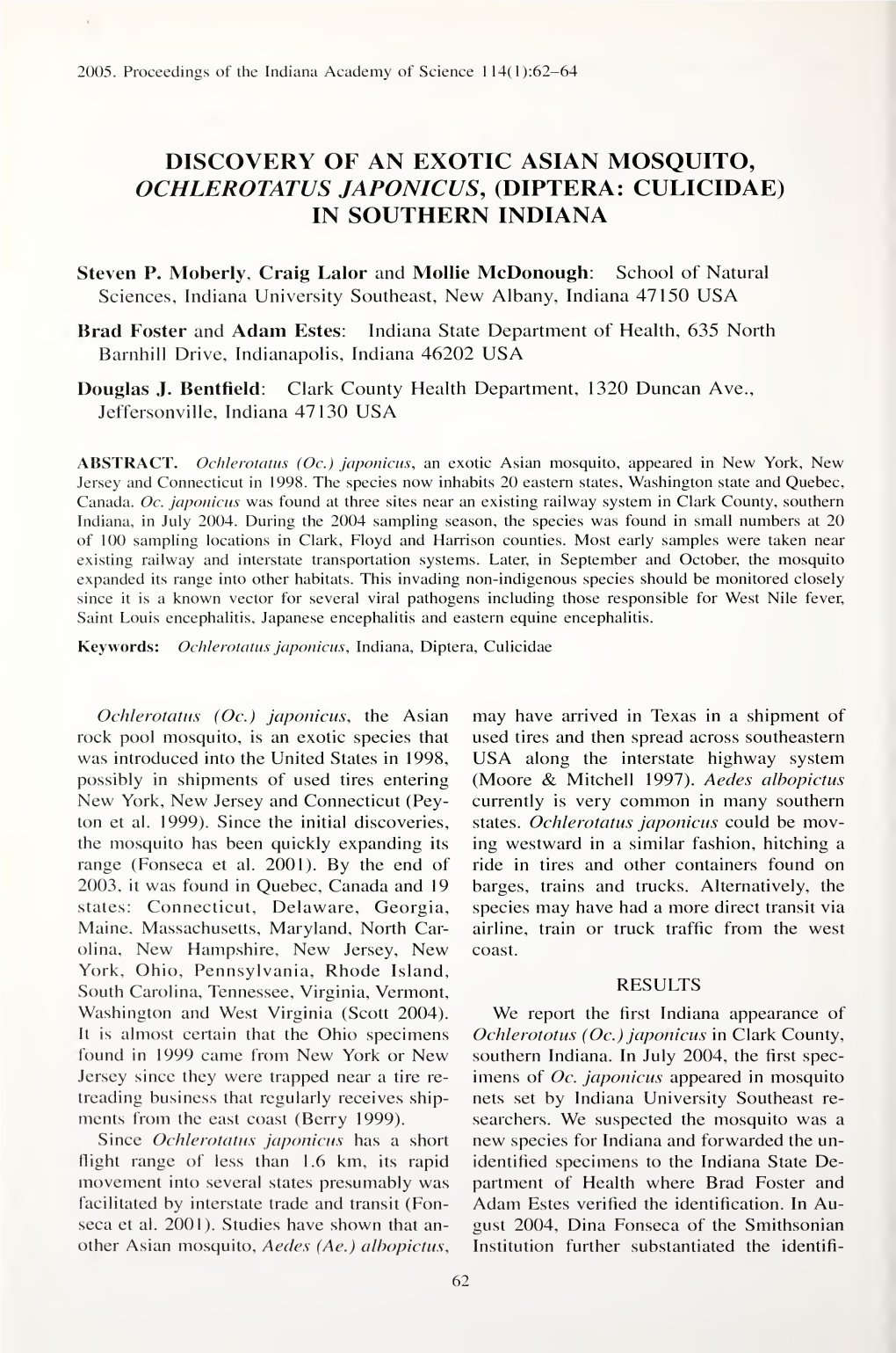 Proceedings of the Indiana Academy of Science 1 14(L):62-64