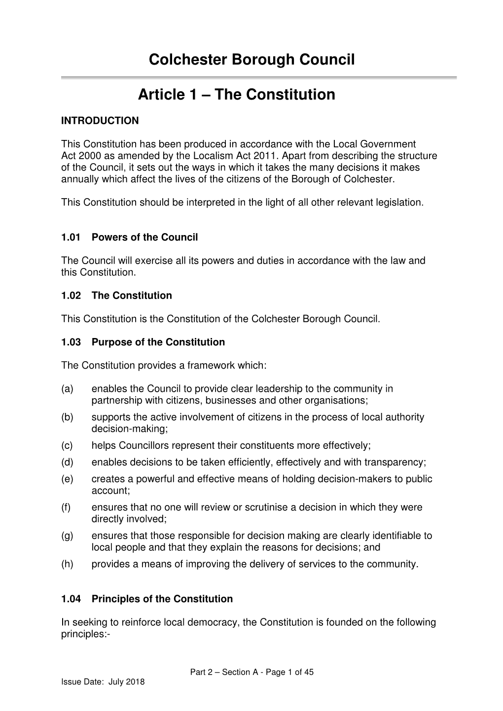 Colchester Borough Council Article 1 – the Constitution