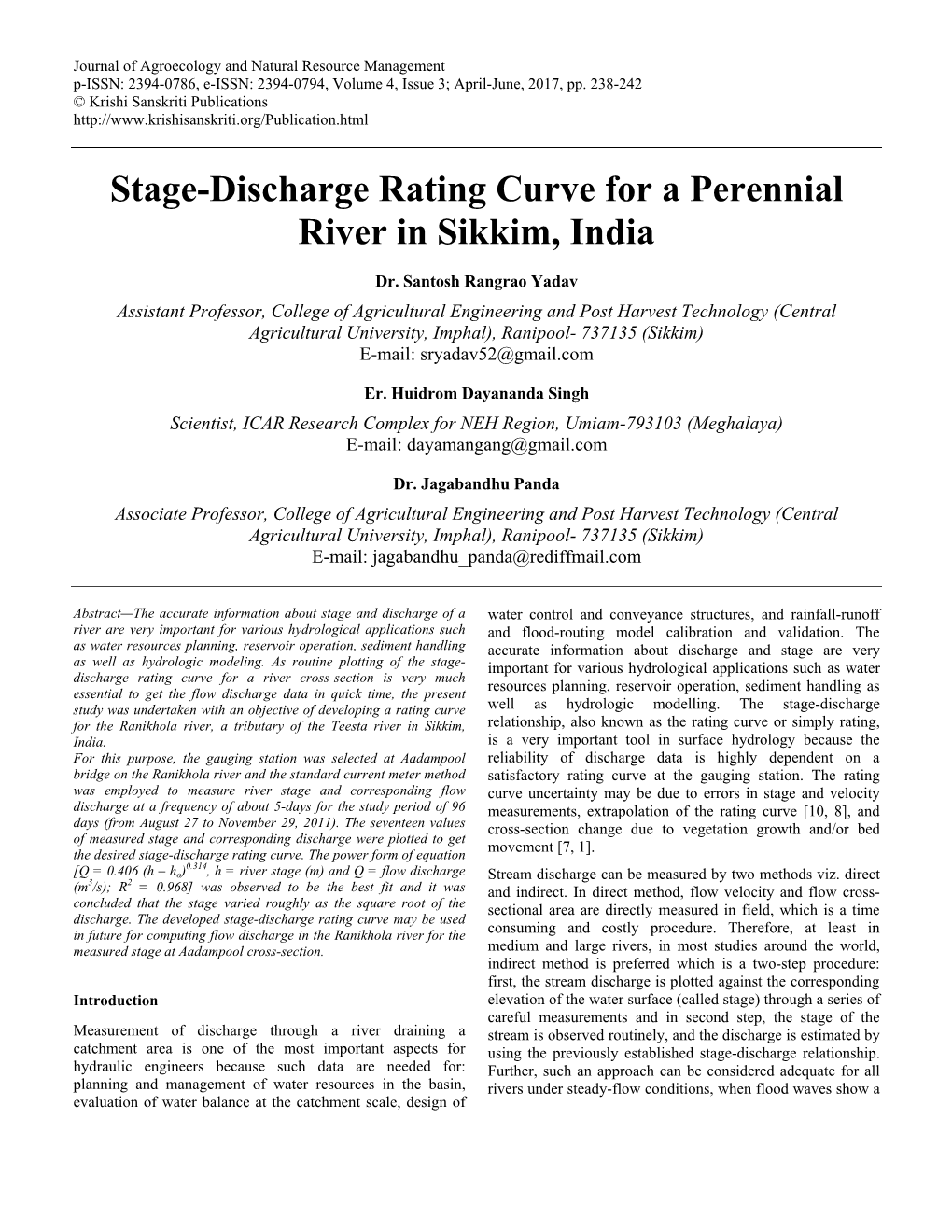 Stage-Discharge Rating Curve for a Perennial River in Sikkim, India