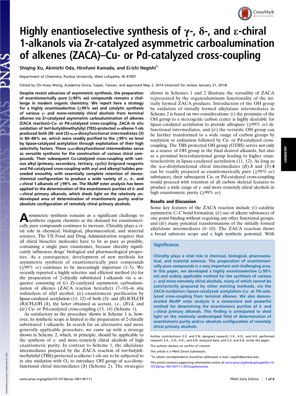 Highly Enantioselective Synthesis of Γ-, Δ-, and E-Chiral 1-Alkanols Via Zr-Catalyzed Asymmetric Carboalumination of Alkenes (ZACA)–Cu- Or Pd-Catalyzed Cross-Coupling