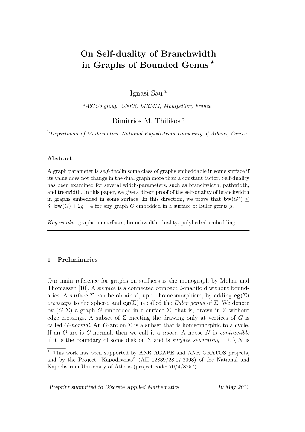 On Self-Duality of Branchwidth in Graphs of Bounded Genus ⋆