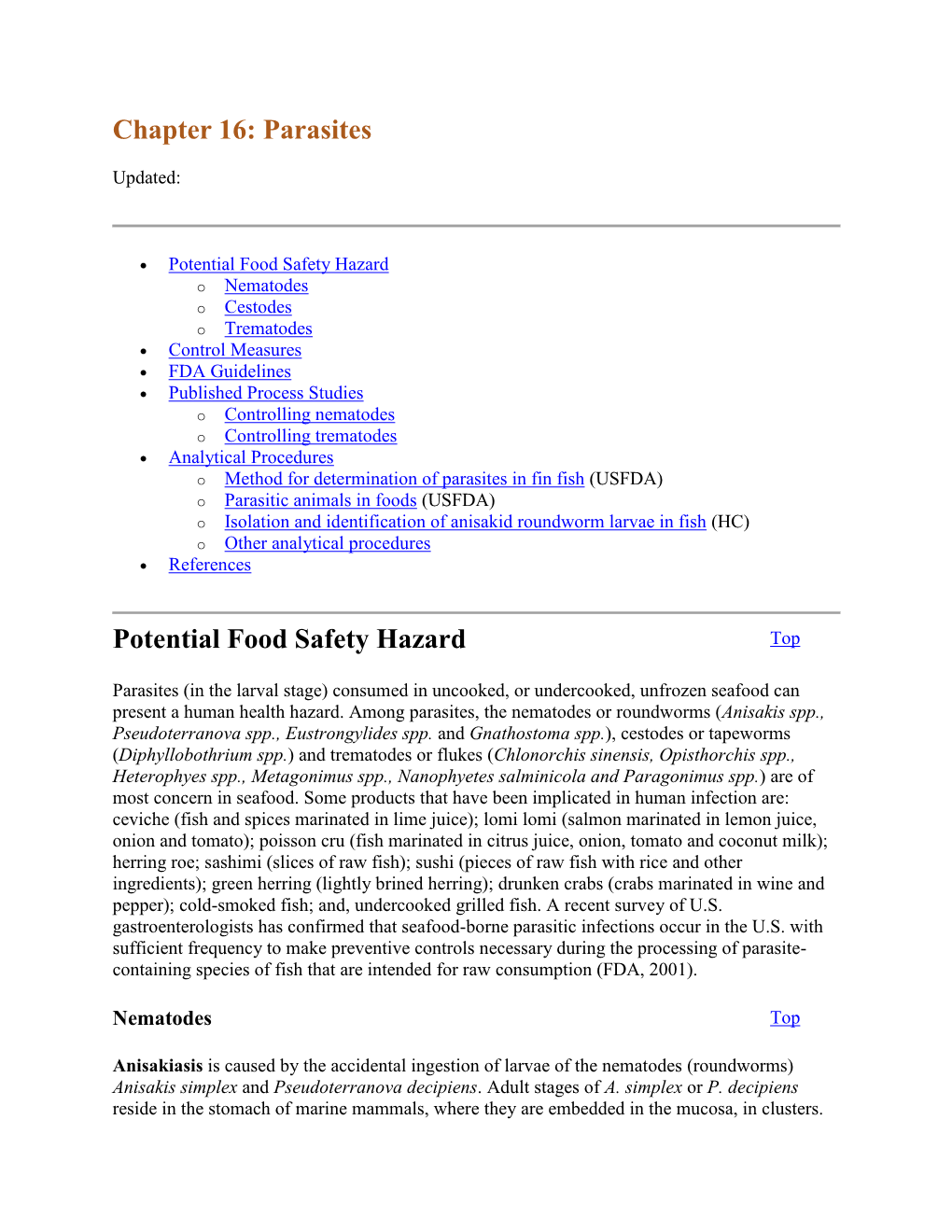 Chapter 16: Parasites Potential Food Safety Hazard