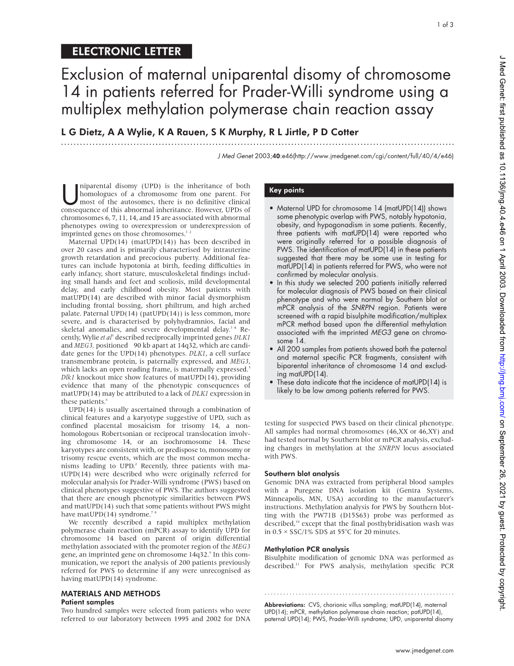 Exclusion of Maternal Uniparental Disomy of Chromosome 14 In