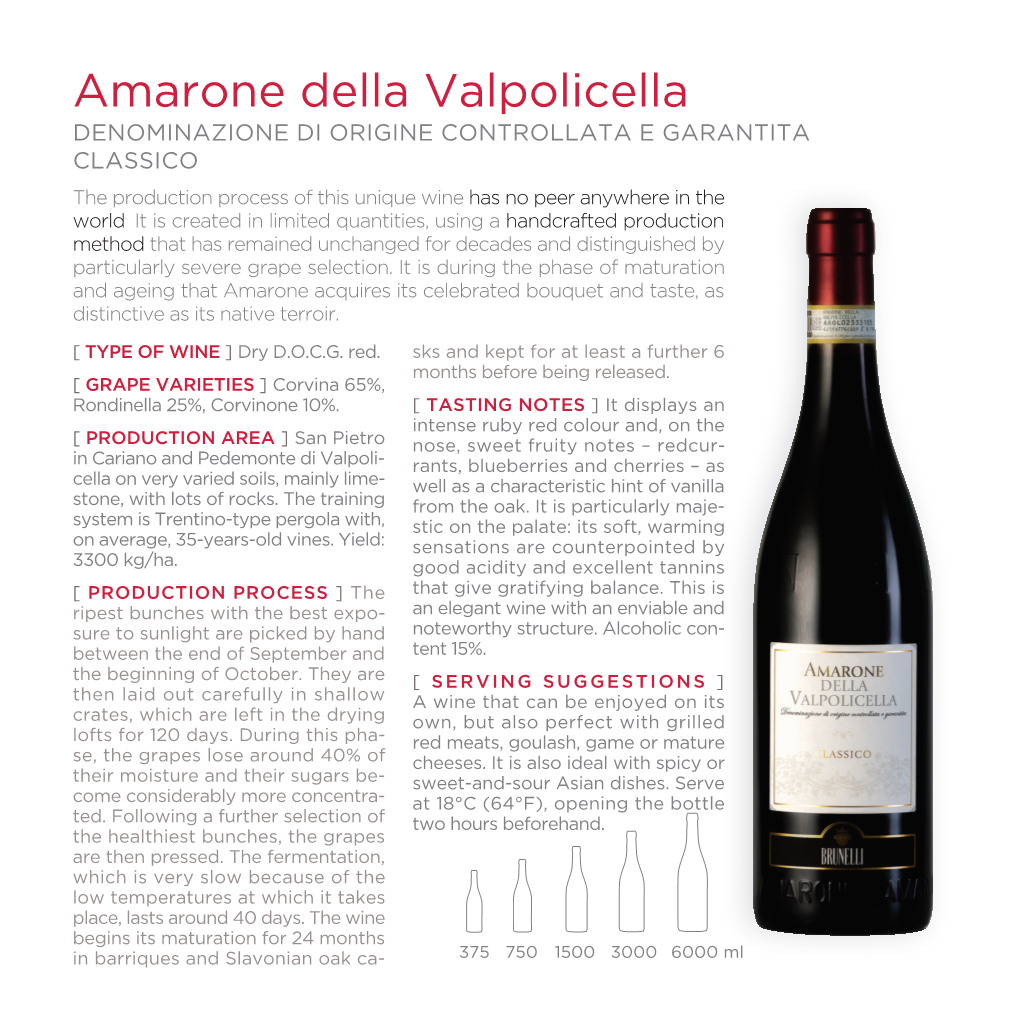 Amarone Della Valpolicella DENOMINAZIONE DI ORIGINE CONTROLLATA E GARANTITA CLASSICO the Production Process of This Unique Wine Has No Peer Anywhere in the World