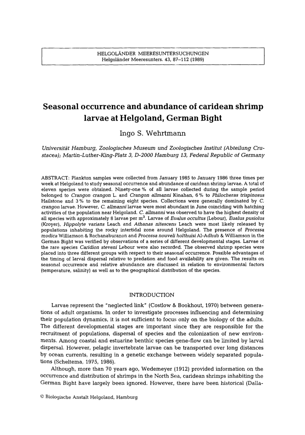 Seasonal Occurrence and Abundance of Caridean Shrimp Larvae at Helgoland, German Bight Ingo S