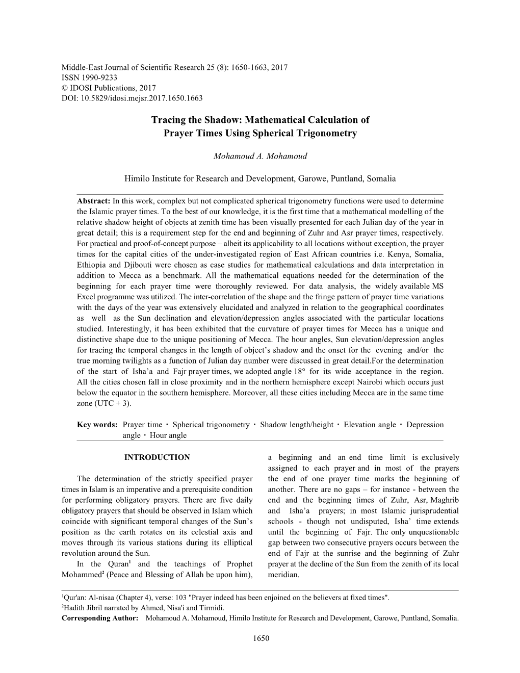 Mathematical Calculation of Prayer Times Using Spherical Trigonometry