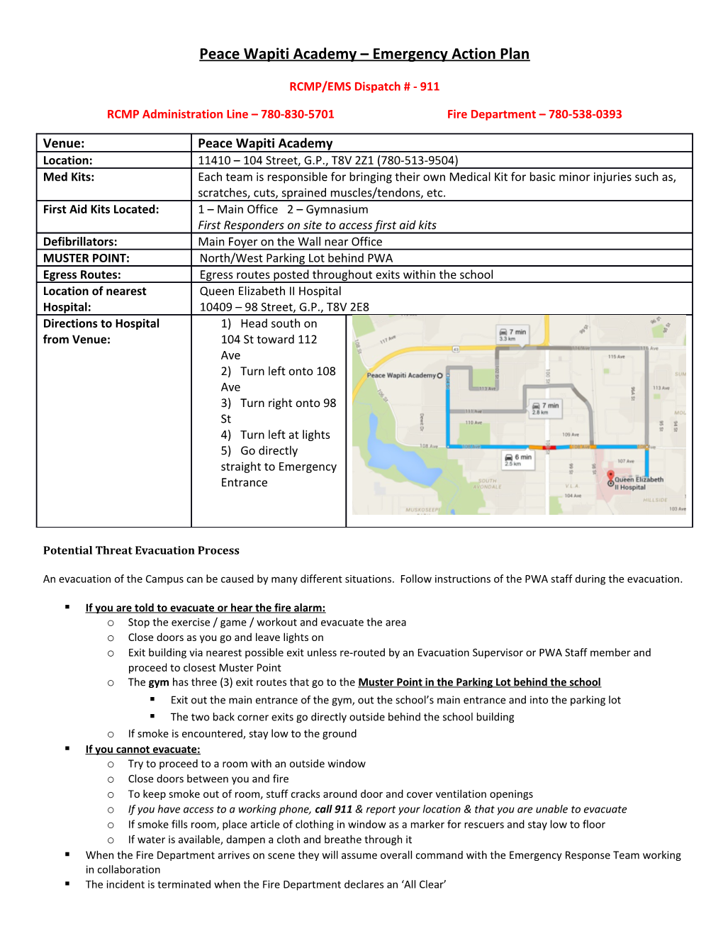 Peace Wapiti Academy Emergency Action Plan