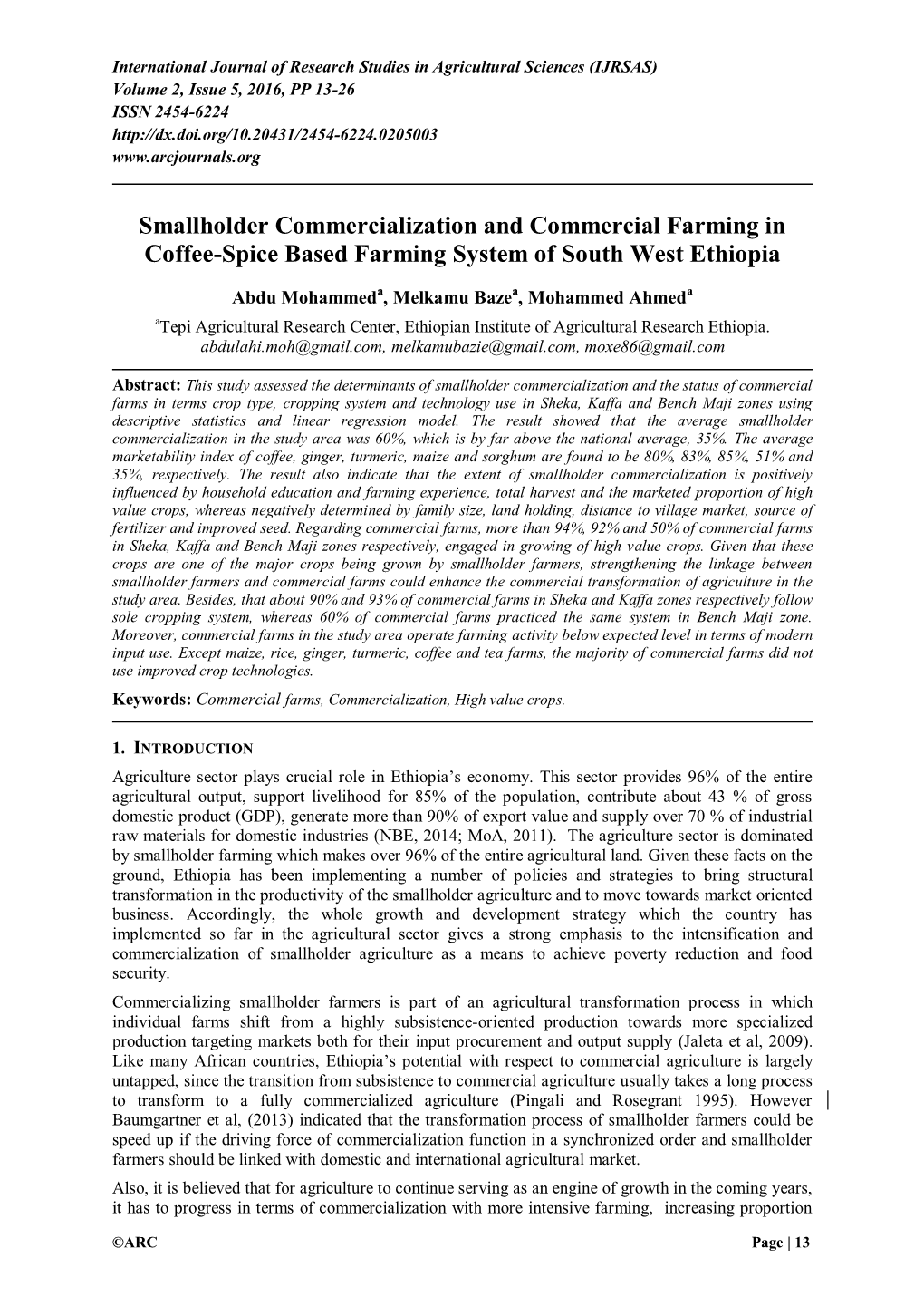 Smallholder Commercialization and Commercial Farming in Coffee-Spice Based Farming System of South West Ethiopia