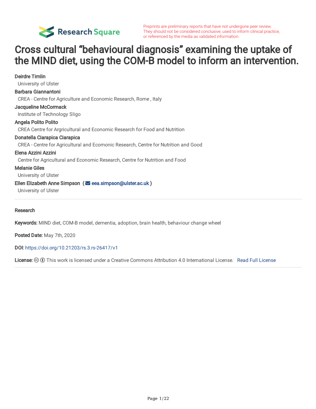 Cross Cultural “Behavioural Diagnosis” Examining the Uptake of the MIND Diet, Using the COM-B Model to Inform an Intervention