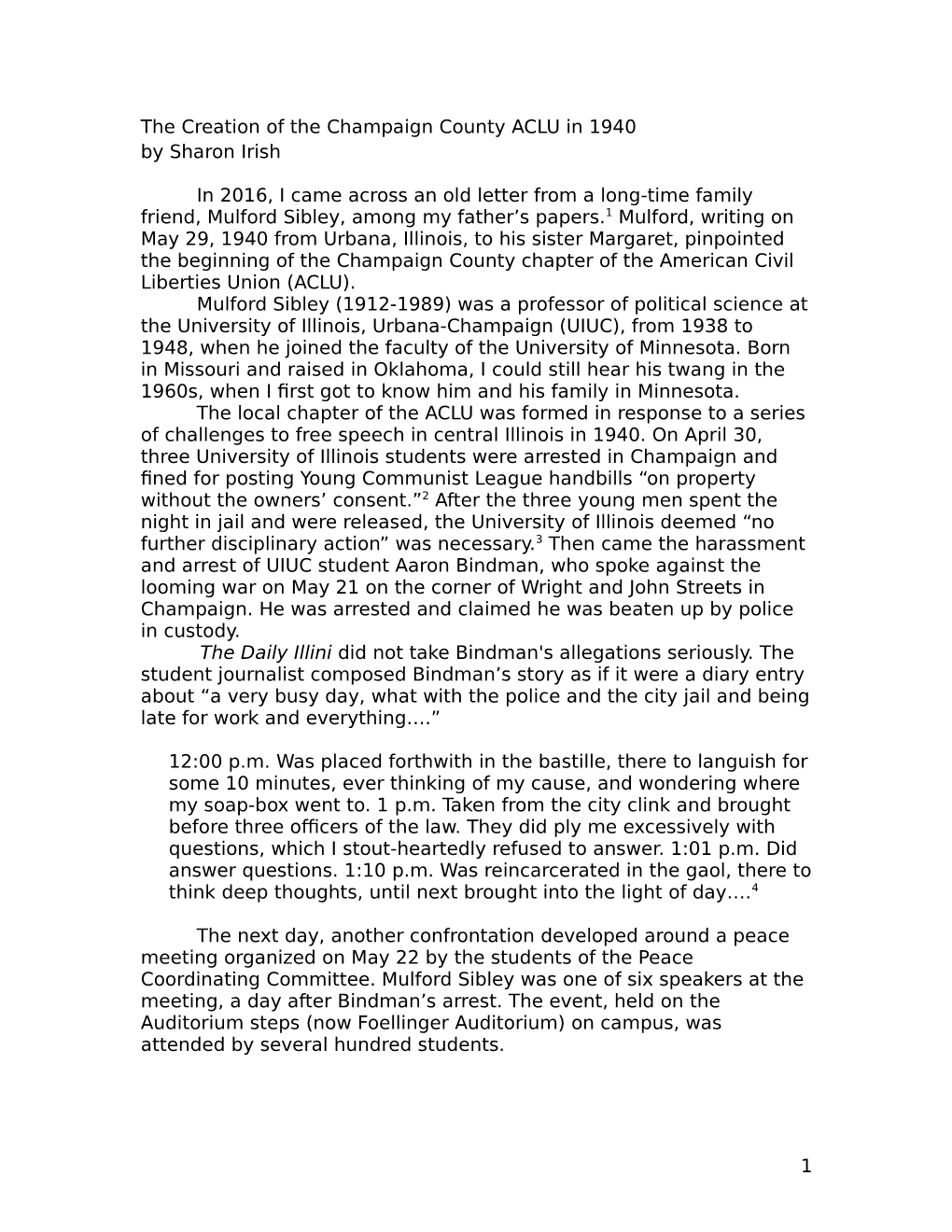 The Creation of the Champaign County ACLU in 1940 by Sharon Irish in 2016, I Came Across an Old Letter from a Long-Time Family F