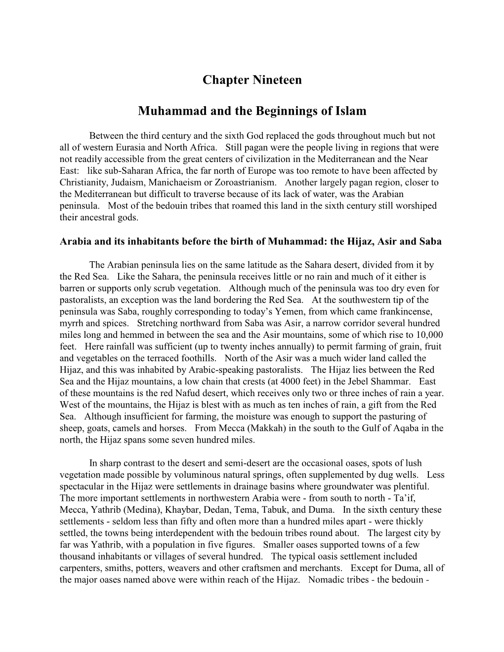 Chapter Nineteen Muhammad and the Beginnings of Islam