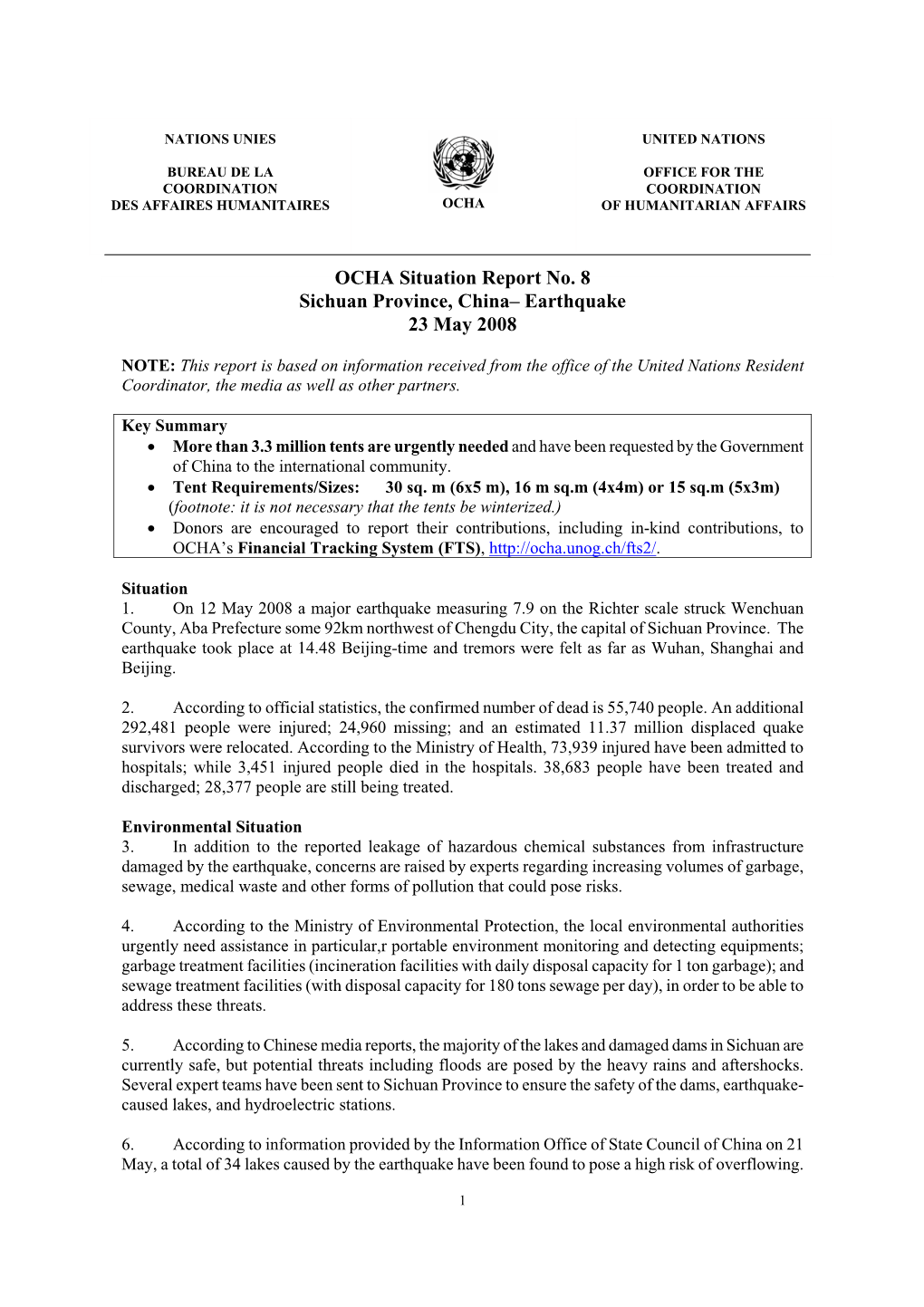 OCHA Situation Report No. 8 Sichuan Province, China– Earthquake 23 May 2008