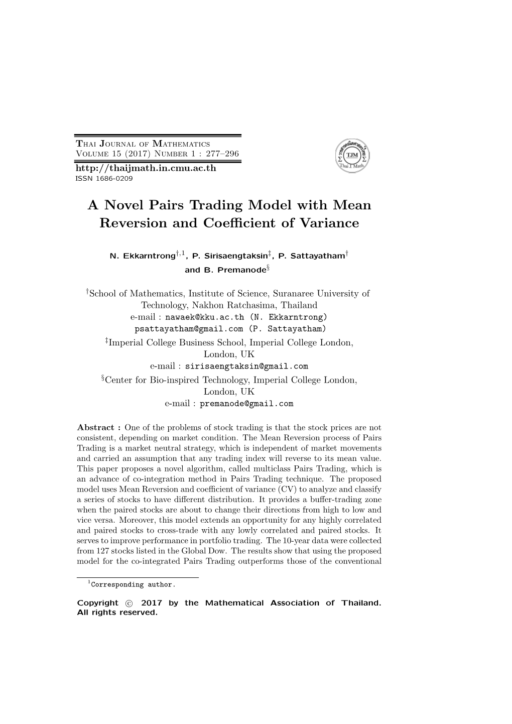 A Novel Pairs Trading Model with Mean Reversion and Coefficient Of