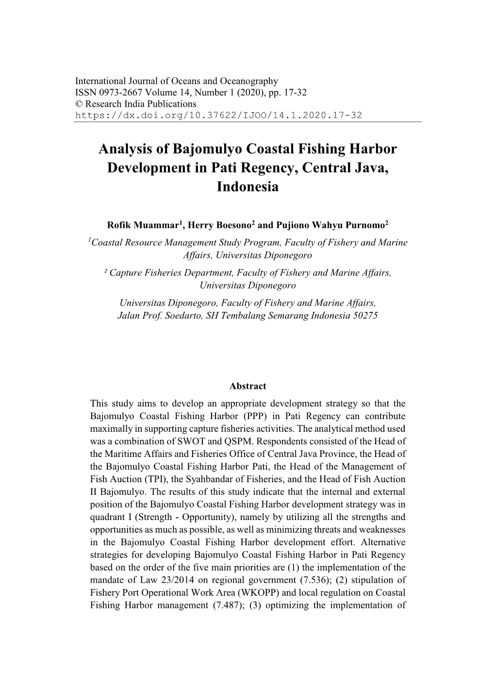 Analysis of Bajomulyo Coastal Fishing Harbor Development in Pati Regency, Central Java, Indonesia