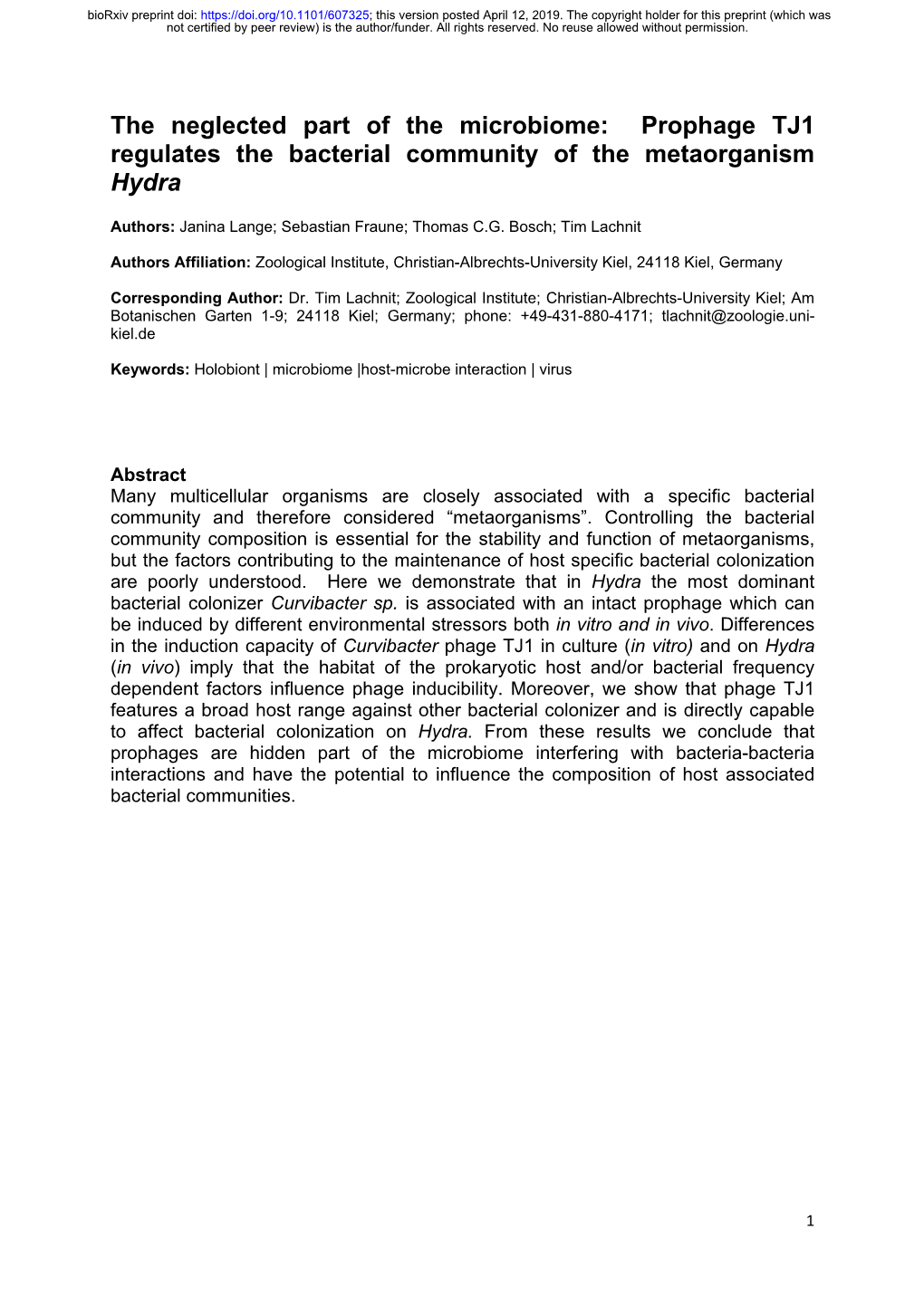 Prophage TJ1 Regulates the Bacterial Community of the Metaorganism Hydra