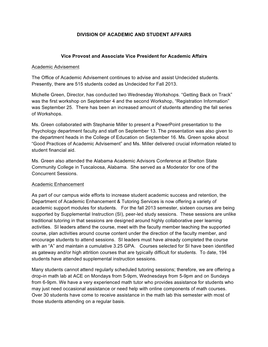 Provost/Vice President for Academic and Student Affairs' Report To