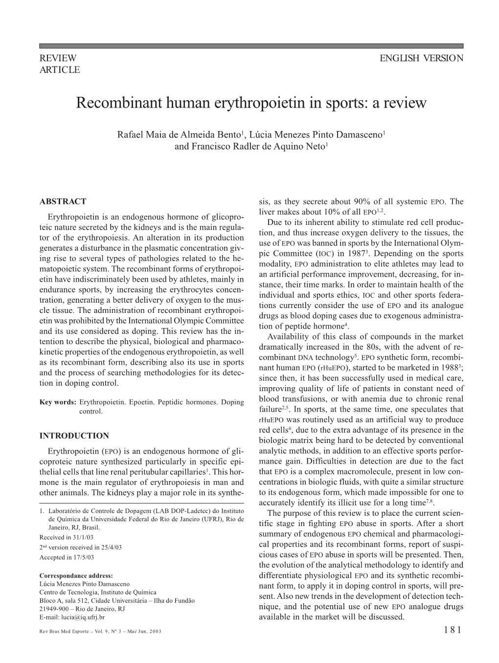 Recombinant Human Erythropoietin in Sports: a Review