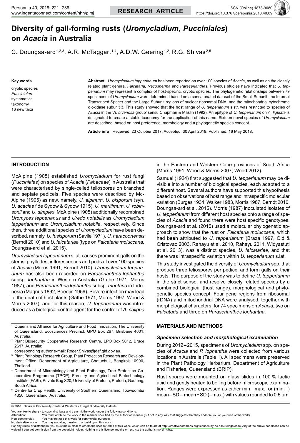 Diversity of Gall-Forming Rusts (<I>Uromycladium</I>, <I> Pucciniales</I>)