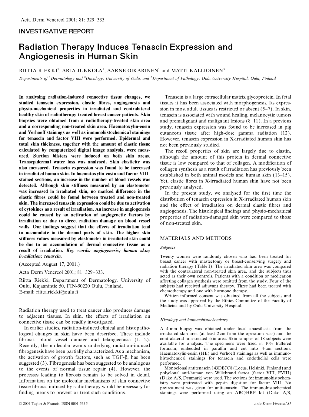 Radiation Therapy Induces Tenascin Expression and Angiogenesis in Human Skin