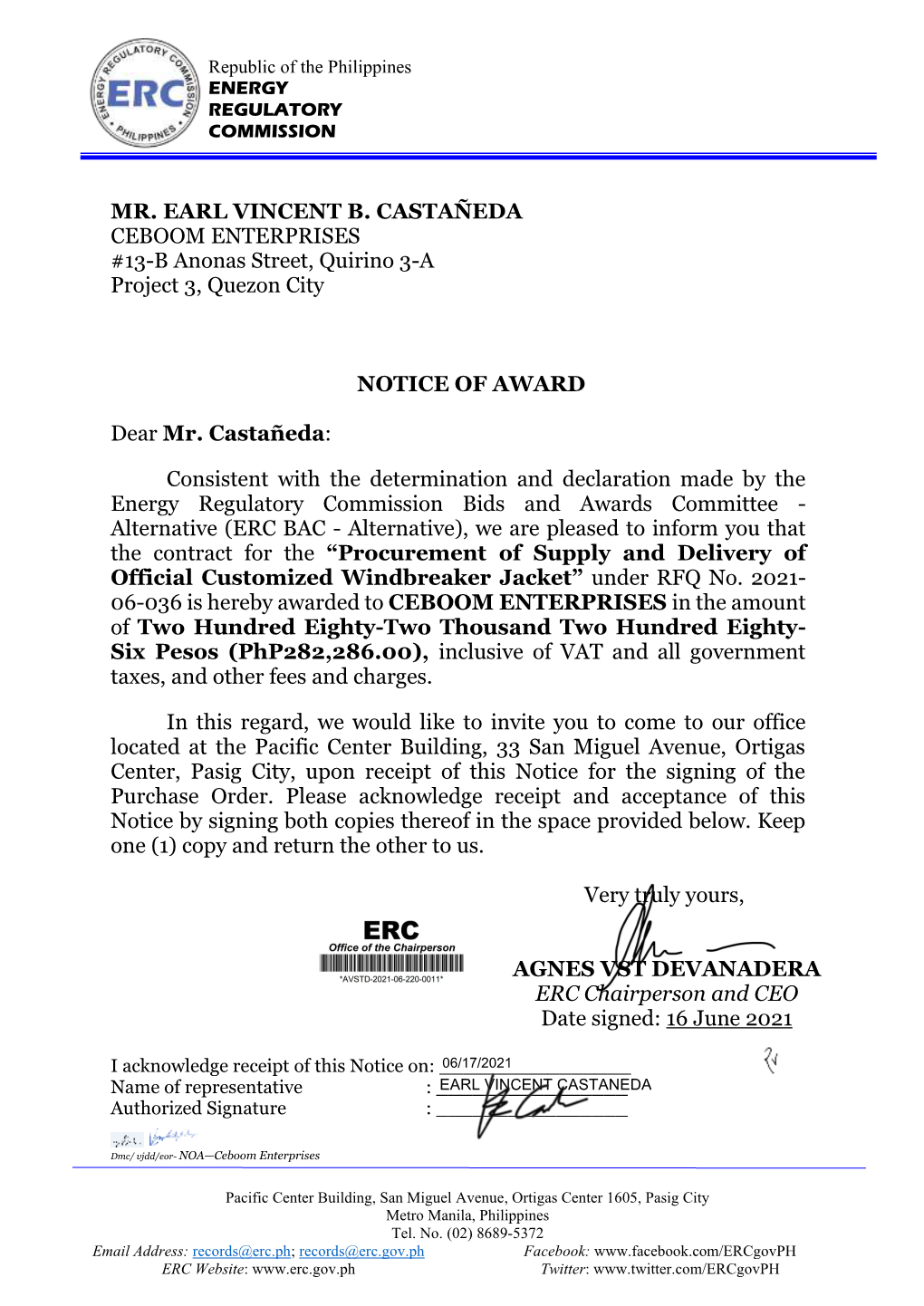 Notice of Award to Ceboom Enterprises