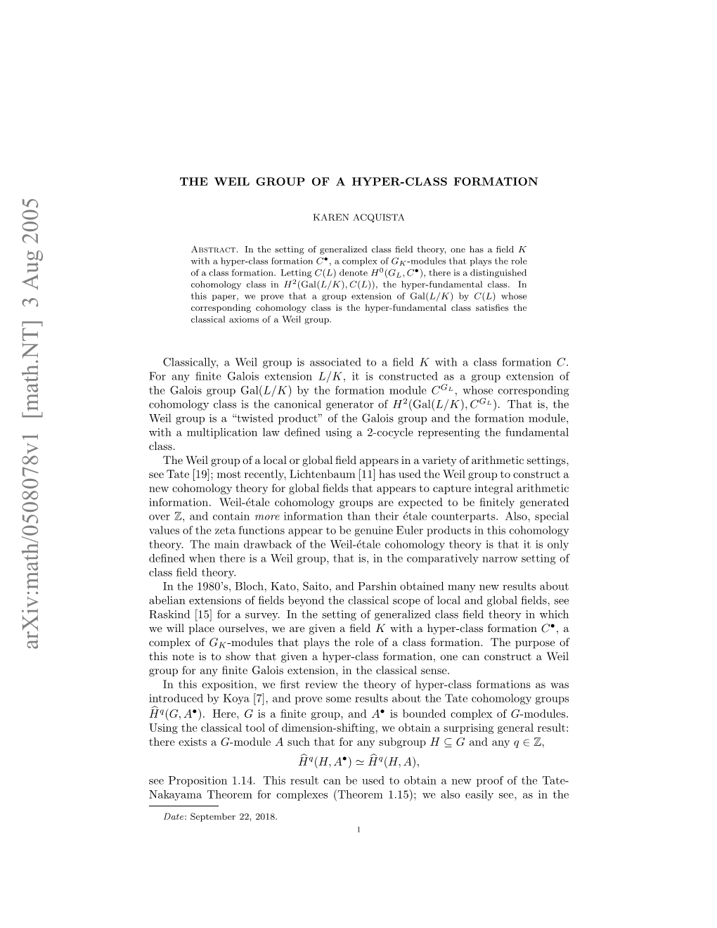 Arxiv:Math/0508078V1 [Math.NT] 3 Aug 2005 H Aosgopgal( Group Galois the Endwe Hr Sawi Ru,Ta S Ntecmaaieynarr Comparatively the in Is, That Theory