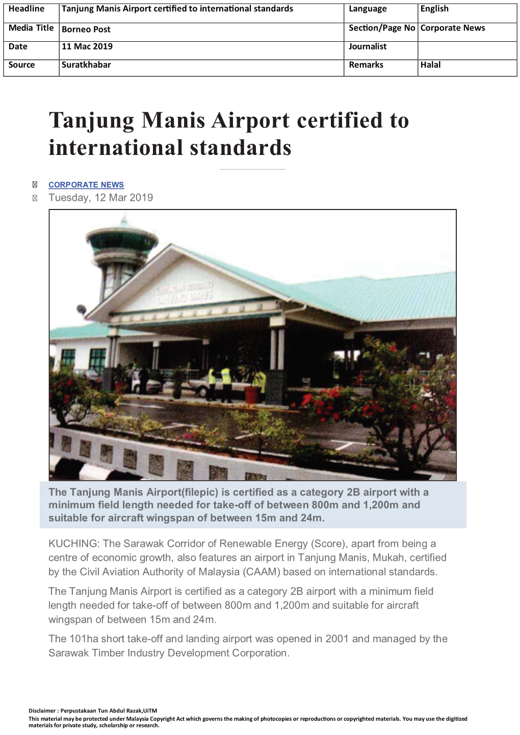 Tanjung Manis Airport Certified to International Standards